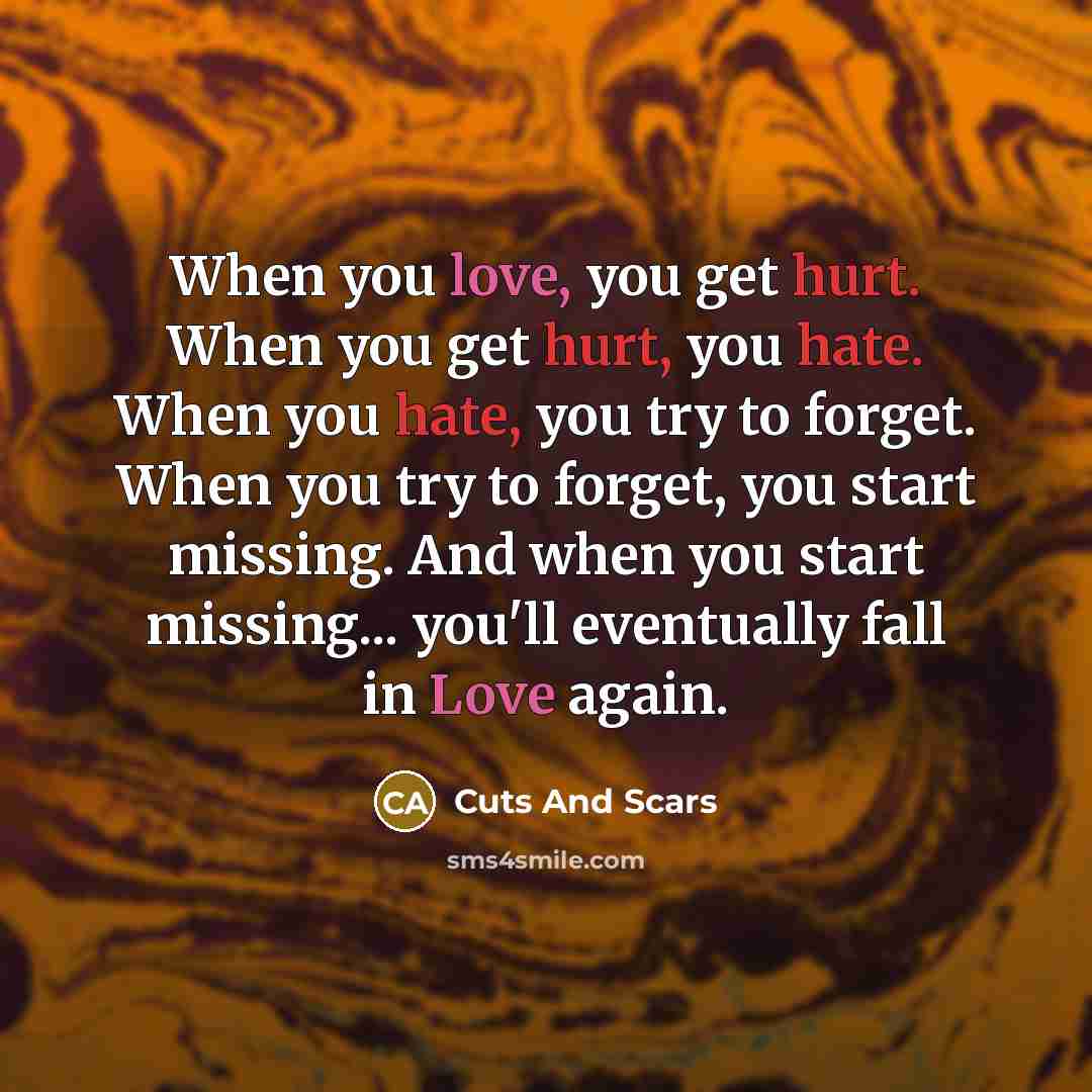 “When you love, you get hurt. When you get hurt, you hate. When you hate, you try to forget. When you try to forget, you start missing. And when you start missing... you'll eventually fall in Love again.” quote by Cuts And Scars