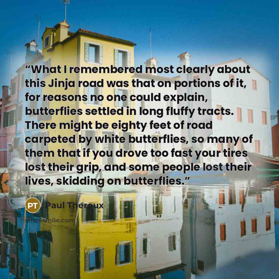 “What I remembered most clearly about this Jinja road was that on portions of it, for reasons no one could explain, butterflies settled in long fluffy tracts. There might be eighty feet of road carpeted by white butterflies, so many of them that if you drove too fast your tires lost their grip, and…” quote by Paul Theroux