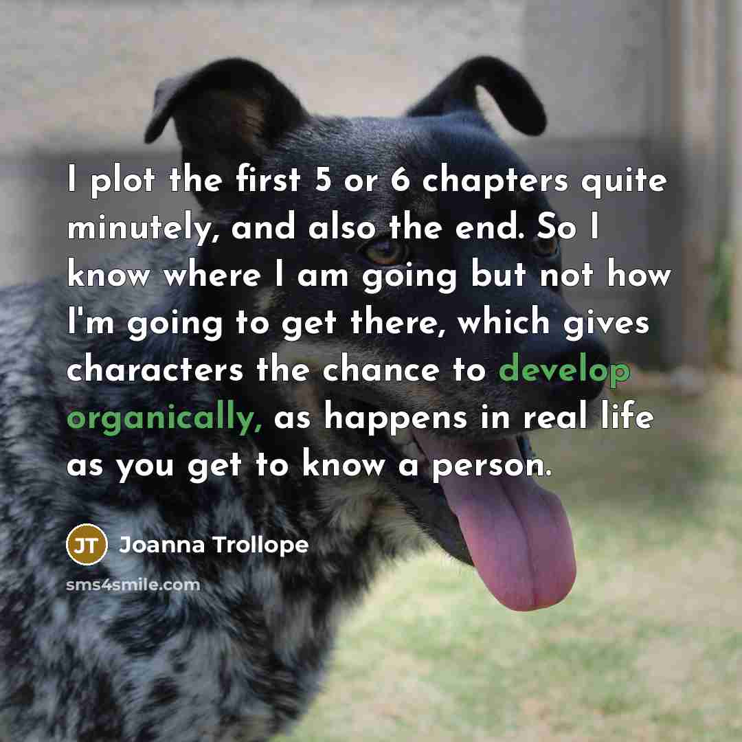 “I plot the first 5 or 6 chapters quite minutely, and also the end. So I know where I am going but not how I'm going to get there, which gives characters the chance to develop organically, as happens in real life as you get to know a person.” quote by Joanna Trollope