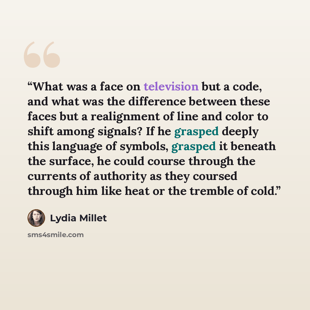 “What was a face on television but a code, and what was the difference between these faces but a realignment of line and color to shift among signals? If he grasped deeply this language of symbols, grasped it beneath the surface, he could course through the currents of authority as they coursed…” quote by Lydia Millet