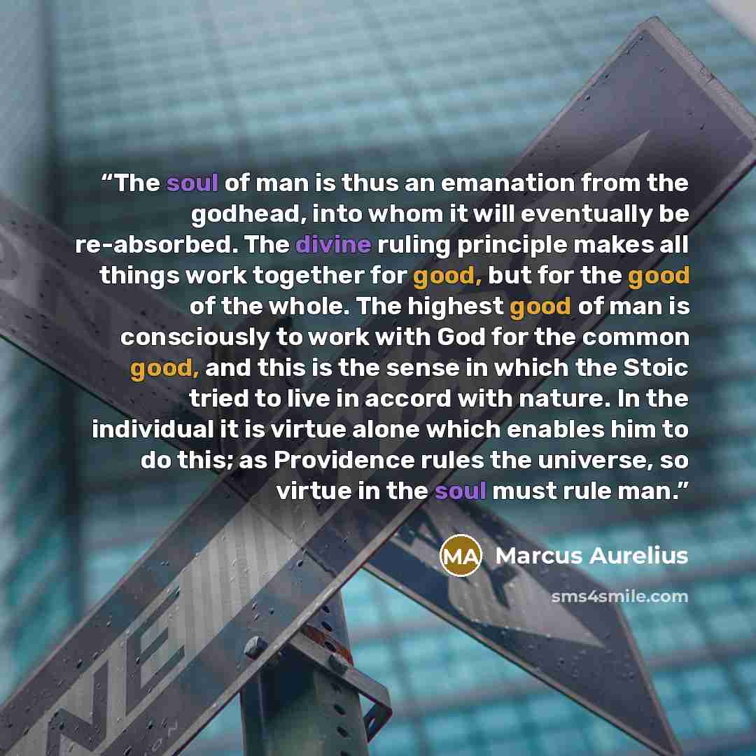 “The soul of man is thus an emanation from the godhead, into whom it will eventually be re-absorbed. The divine ruling principle makes all things work together for good, but for the good of the whole. The highest good of man is consciously to work with God for the common good, and this is the sense…” quote by Marcus Aurelius