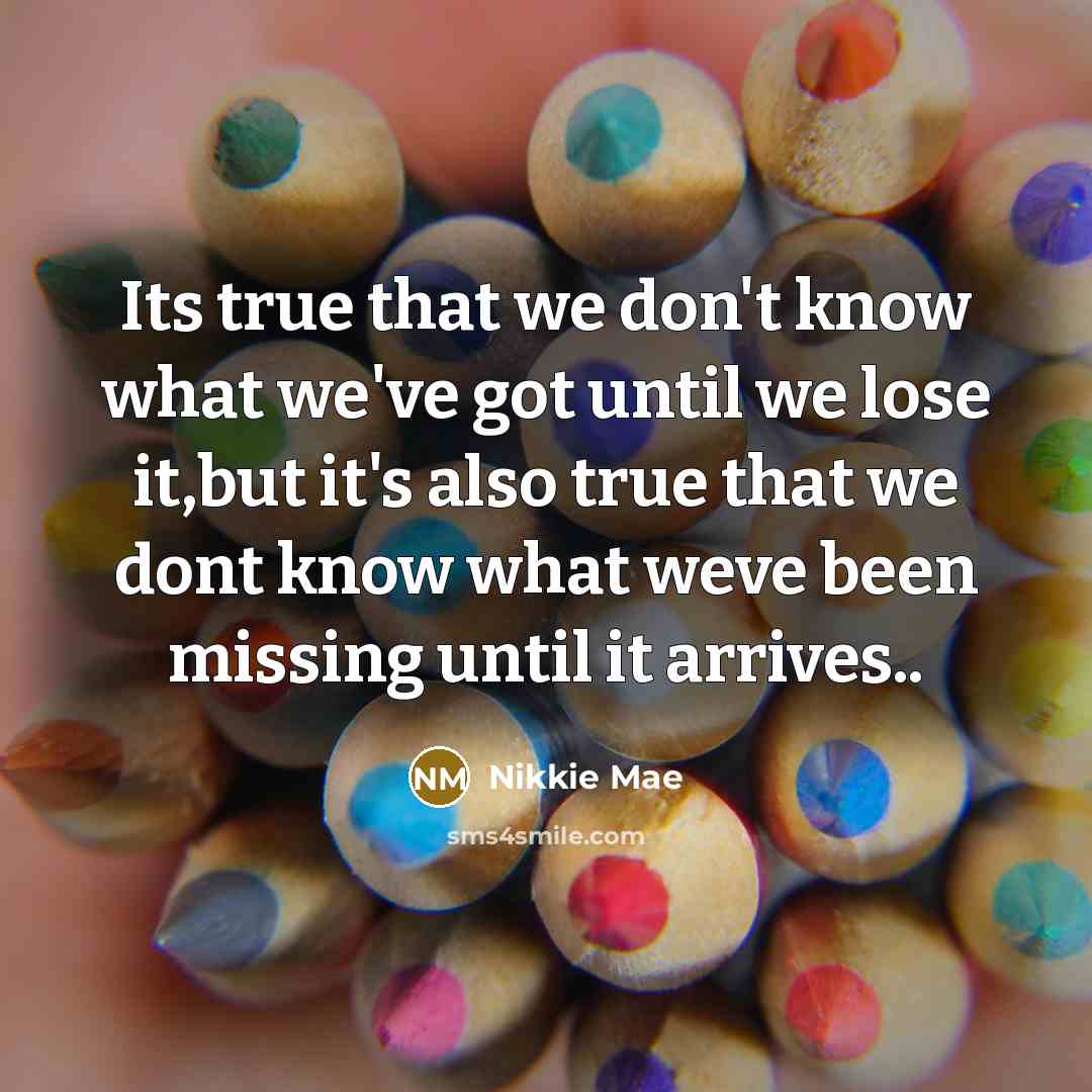 “Its true that we don't know what we've got until we lose it,but it's also true that we dont know what weve been missing until it arrives..” quote by Nikkie Mae