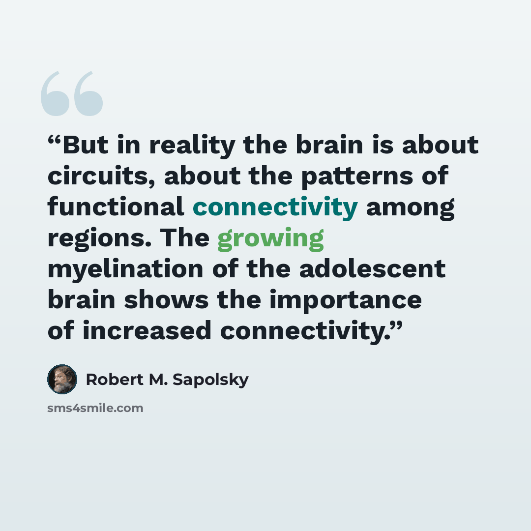 “But in reality the brain is about circuits, about the patterns of functional connectivity among regions. The growing myelination of the adolescent brain shows the importance of increased connectivity.” quote by Robert M. Sapolsky