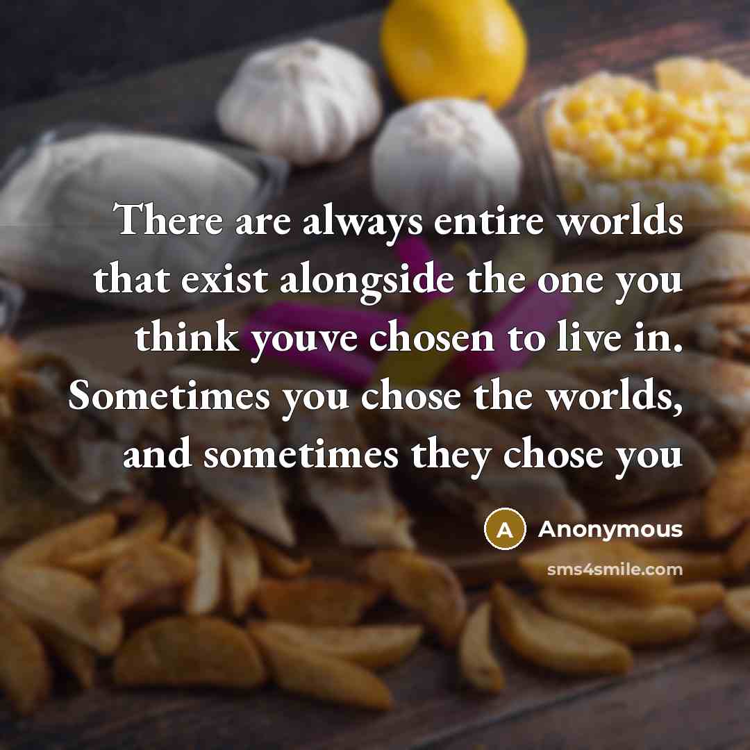 “There are always entire worlds that exist alongside the one you think youve chosen to live in. Sometimes you chose the worlds, and sometimes they chose you” quote by Anonymous