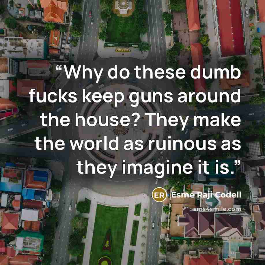 “Why do these dumb fucks keep guns around the house? They make the world as ruinous as they imagine it is.” quote by Esmé Raji Codell
