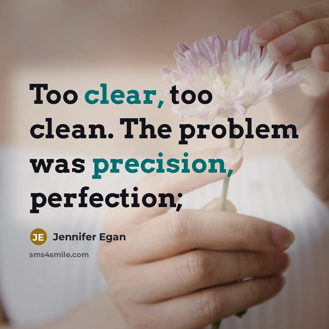 “Too clear, too clean. The problem was precision, perfection;” quote by Jennifer Egan