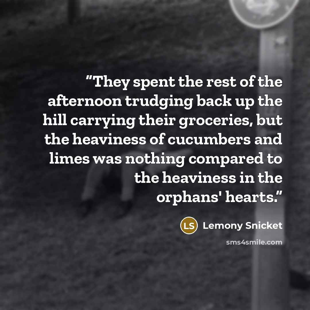 “They spent the rest of the afternoon trudging back up the hill carrying their groceries, but the heaviness of cucumbers and limes was nothing compared to the heaviness in the orphans' hearts.” quote by Lemony Snicket