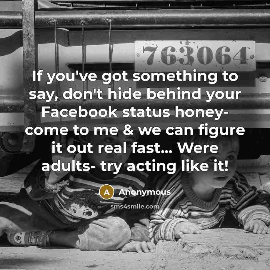 “If you've got something to say, don't hide behind your Facebook status honey- come to me & we can figure it out real fast... Were adults- try acting like it!” quote by Anonymous