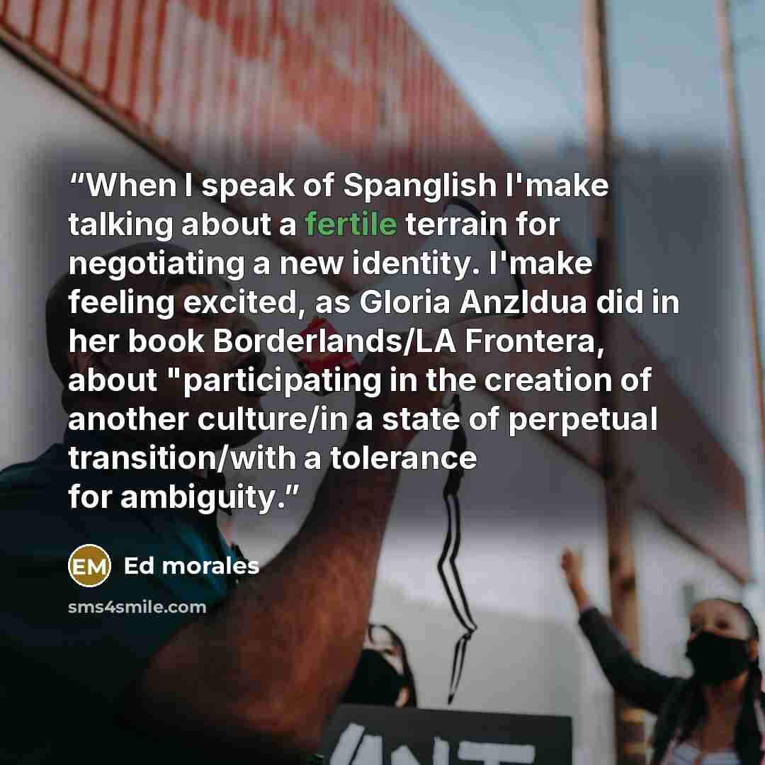 “When I speak of Spanglish I'make talking about a fertile terrain for negotiating a new identity. I'make feeling excited, as Gloria Anzldua did in her book Borderlands/LA Frontera, about "participating in the creation of another culture/in a state of perpetual transition/with a tolerance for…” quote by Ed Morales