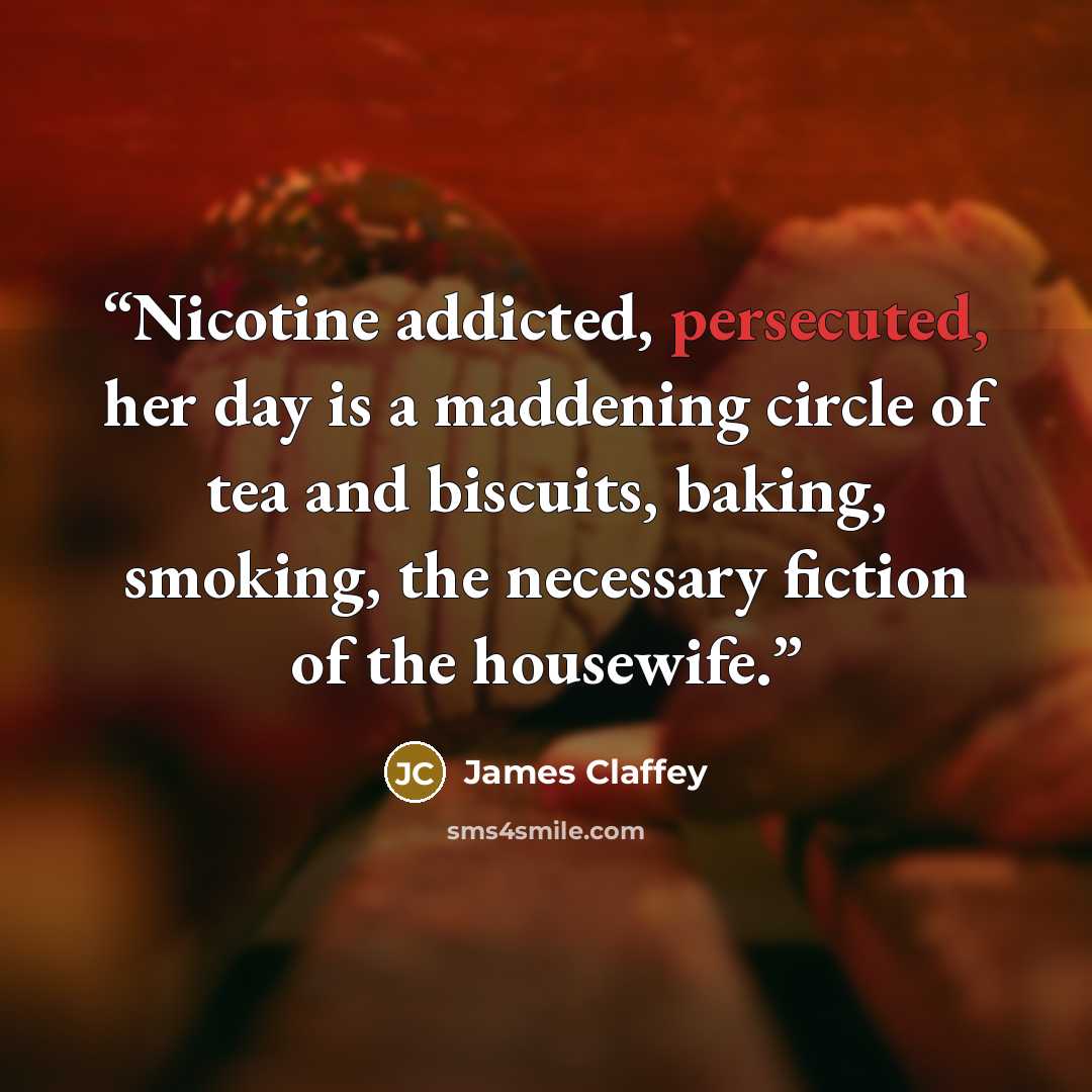 “Nicotine addicted, persecuted, her day is a maddening circle of tea and biscuits, baking, smoking, the necessary fiction of the housewife.” quote by James Claffey