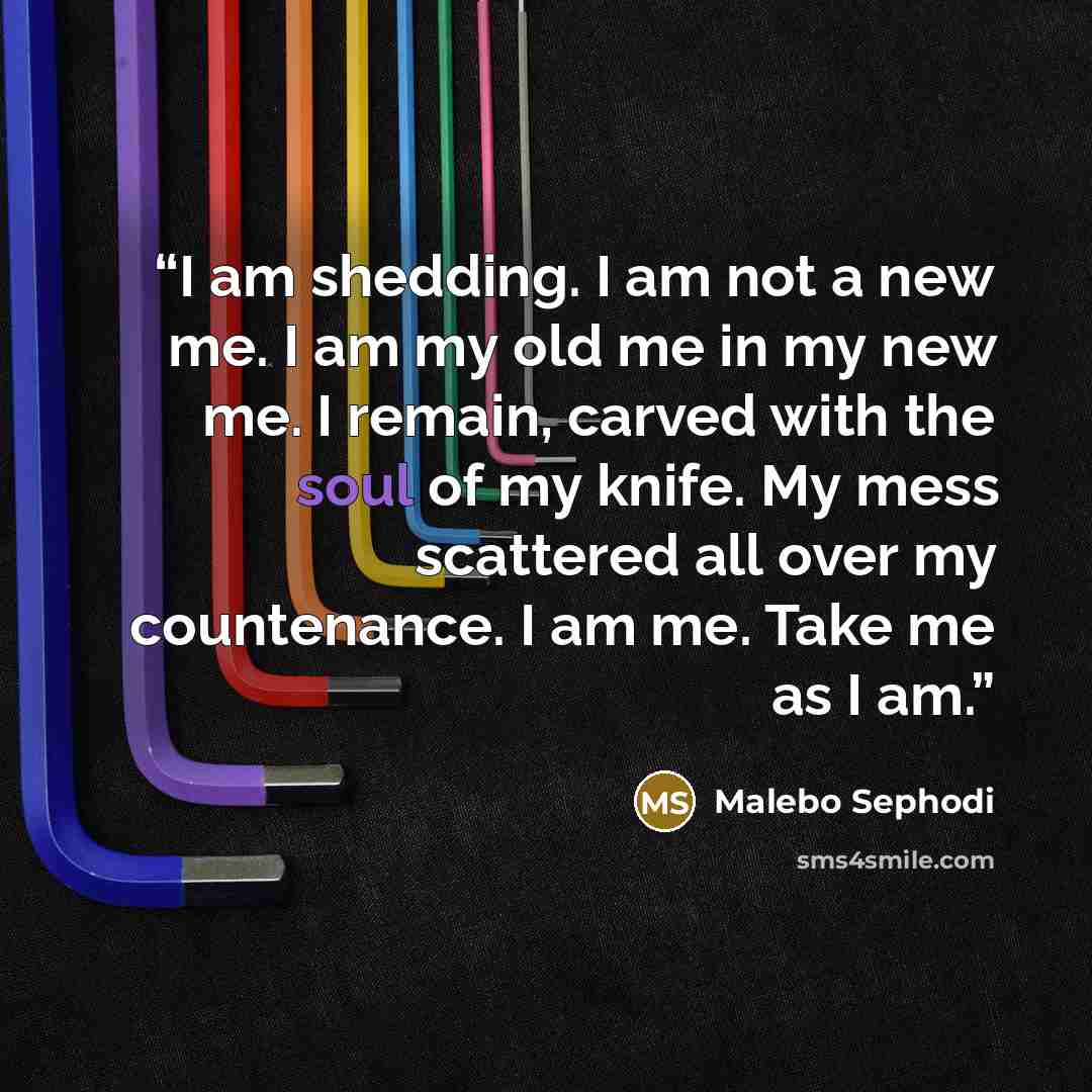 “I am shedding. I am not a new me. I am my old me in my new me. I remain, carved with the soul of my knife. My mess scattered all over my countenance. I am me. Take me as I am.” quote by Malebo Sephodi