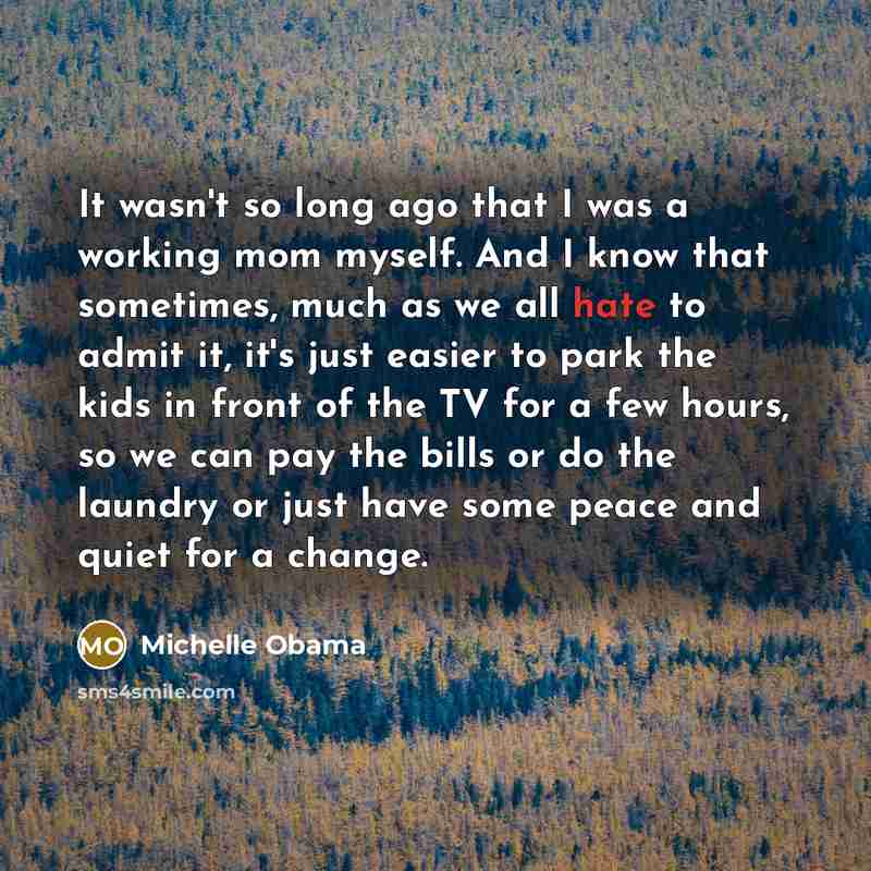 “It wasn't so long ago that I was a working mom myself. And I know that sometimes, much as we all hate to admit it, it's just easier to park the kids in front of the TV for a few hours, so we can pay the bills or do the laundry or just have some peace and quiet for a change.” quote by Michelle Obama