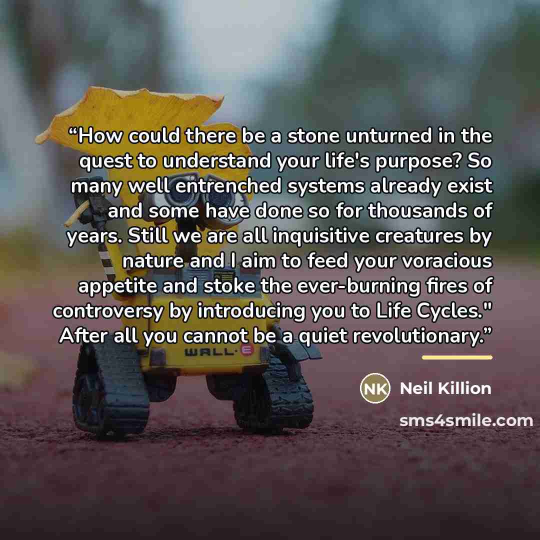 “How could there be a stone unturned in the quest to understand your life's purpose? So many well entrenched systems already exist and some have done so for thousands of years. Still we are all inquisitive creatures by nature and I aim to feed your voracious appetite and stoke the ever-burning…” quote by Neil Killion