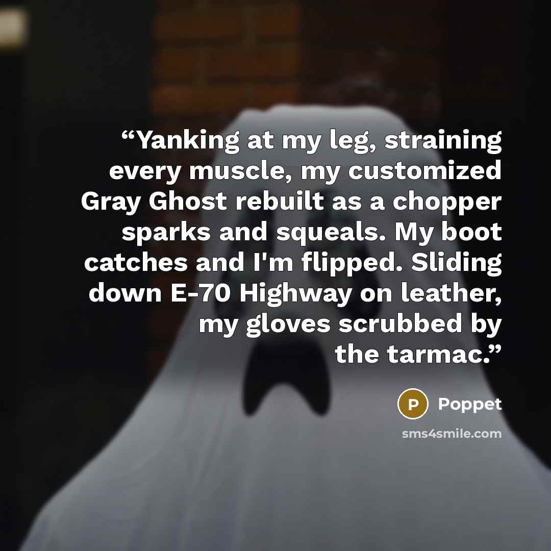 “Yanking at my leg, straining every muscle, my customized Gray Ghost rebuilt as a chopper sparks and squeals. My boot catches and I'm flipped. Sliding down E-70 Highway on leather, my gloves scrubbed by the tarmac.” quote by Poppet