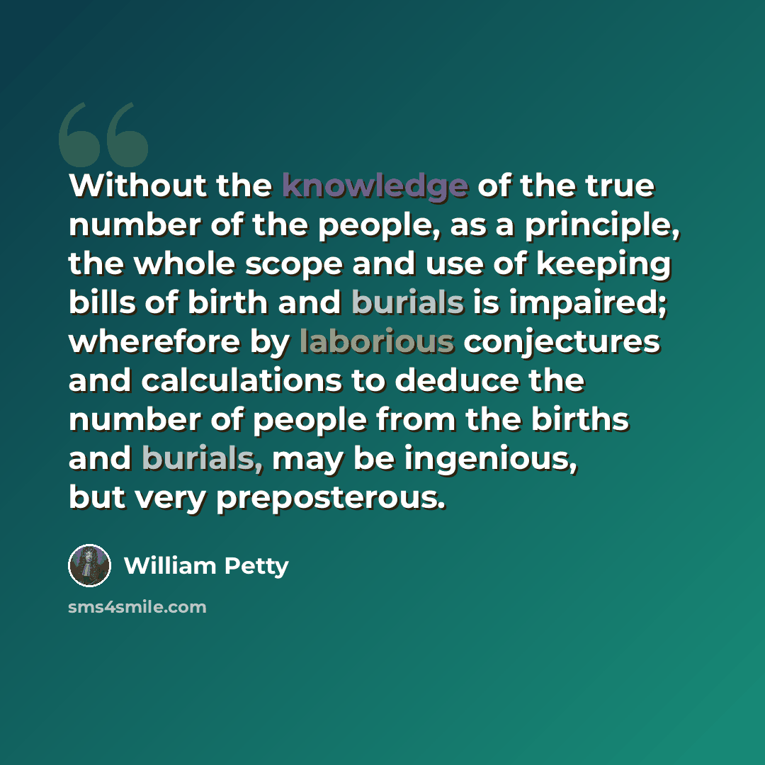 “Without the knowledge of the true number of the people, as a principle, the whole scope and use of keeping bills of birth and burials is impaired; wherefore by laborious conjectures and calculations to deduce the number of people from the births and burials, may be ingenious, but very preposterous.” quote by William Petty