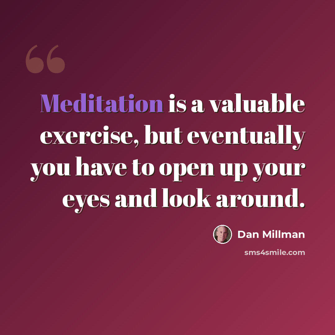 “Meditation is a valuable exercise, but eventually you have to open up your eyes and look around.” quote by Dan Millman