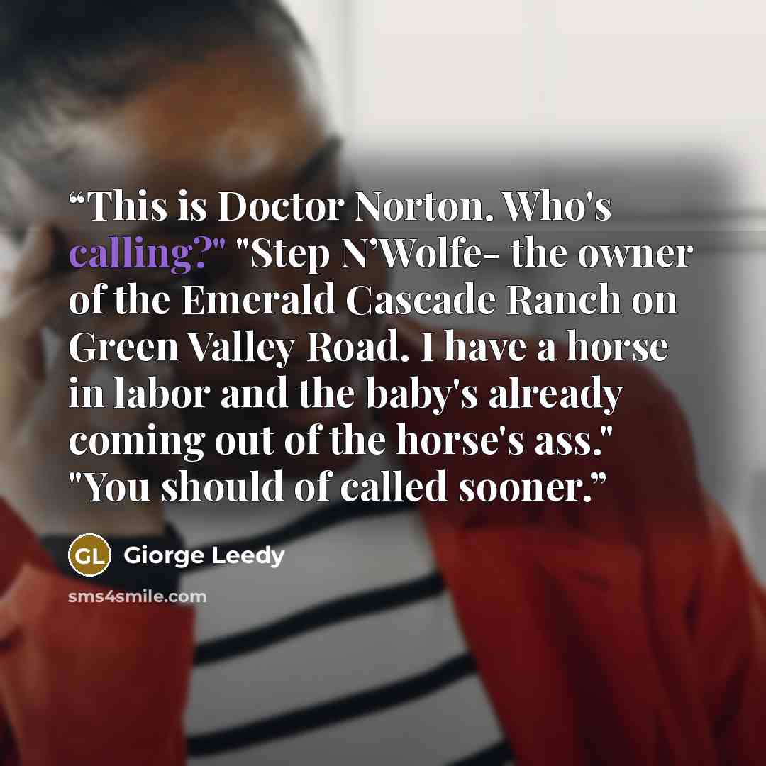 “This is Doctor Norton. Who's calling?" "Step N’Wolfe- the owner of the Emerald Cascade Ranch on Green Valley Road. I have a horse in labor and the baby's already coming out of the horse's ass." "You should of called sooner.” quote by Giorge Leedy