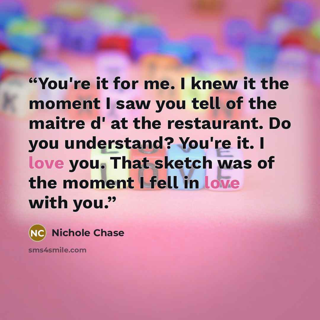 “You're it for me. I knew it the moment I saw you tell of the maitre d' at the restaurant. Do you understand? You're it. I love you. That sketch was of the moment I fell in love with you.” quote by Nichole Chase