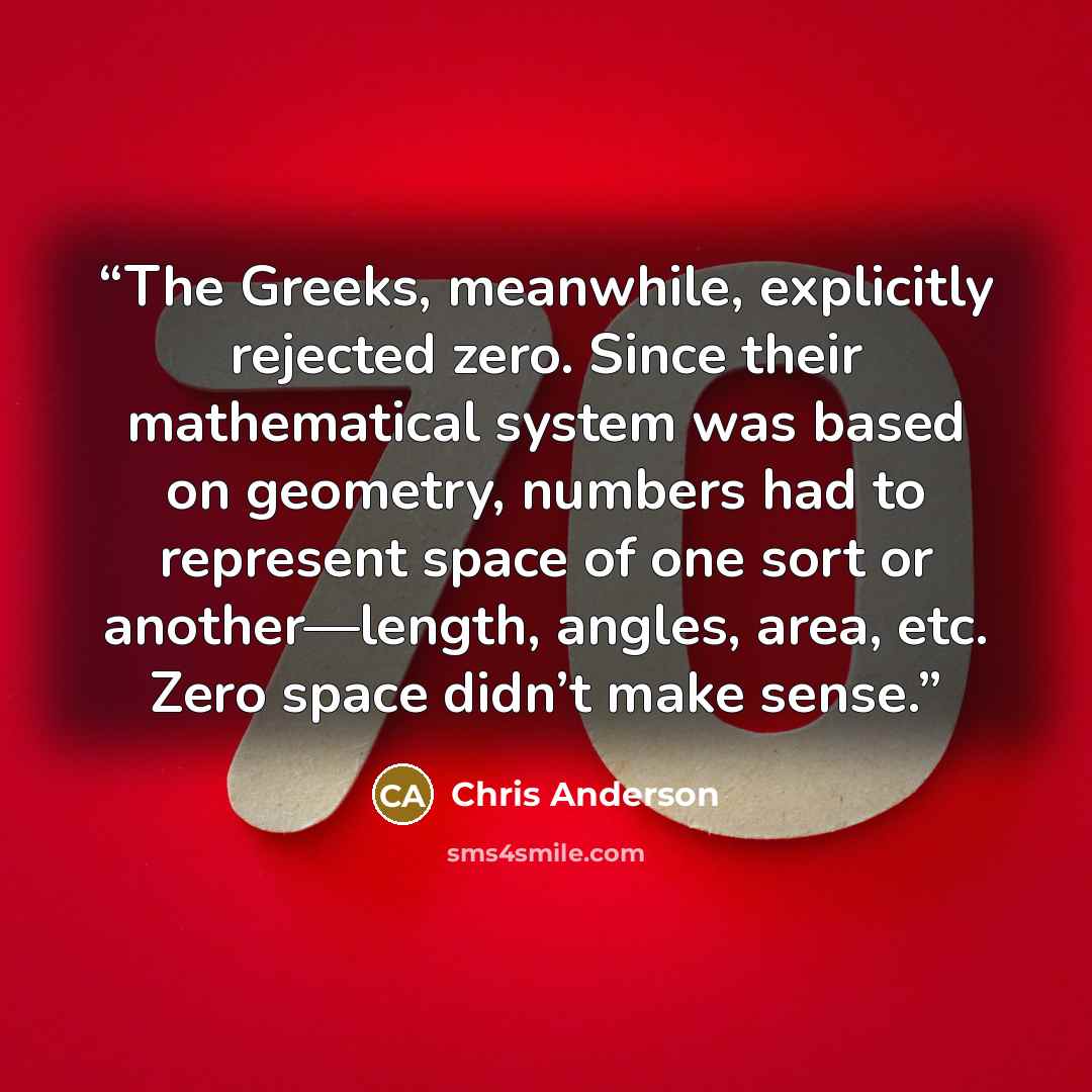 “The Greeks, meanwhile, explicitly rejected zero. Since their mathematical system was based on geometry, numbers had to represent space of one sort or another—length, angles, area, etc. Zero space didn’t make sense.” quote by Chris Anderson