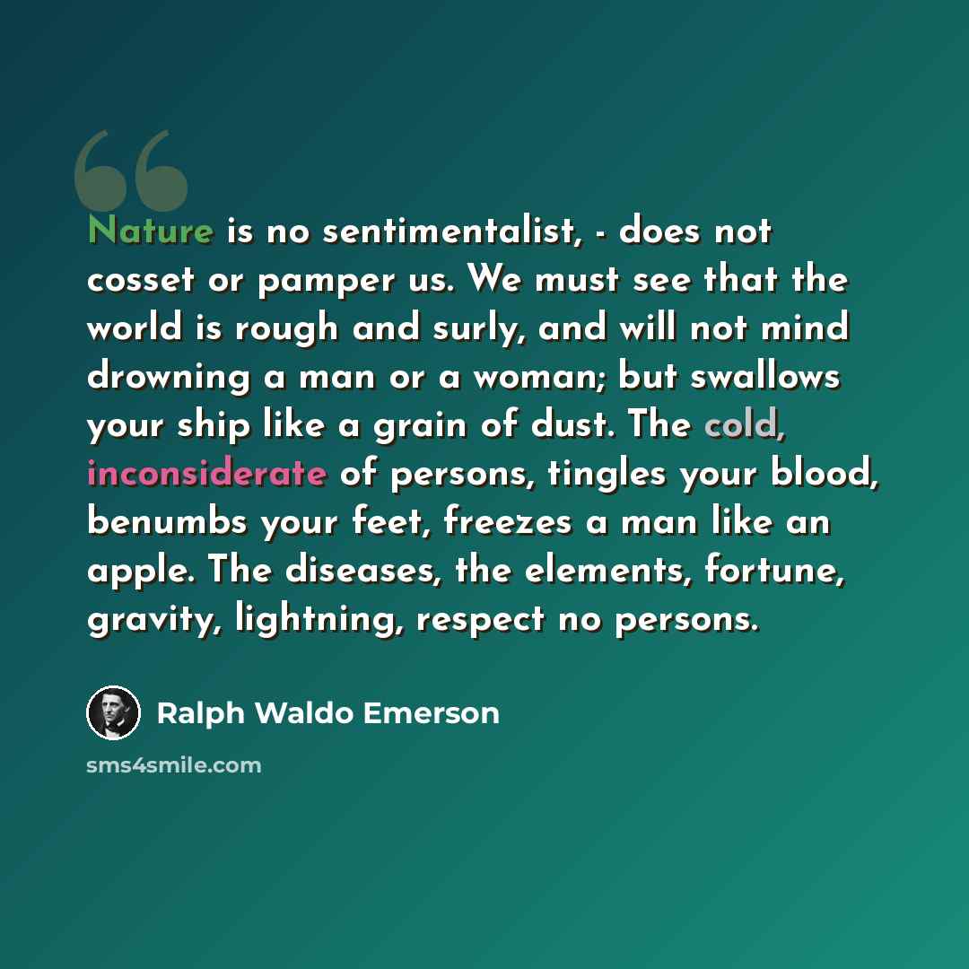 “Nature is no sentimentalist, - does not cosset or pamper us. We must see that the world is rough and surly, and will not mind drowning a man or a woman; but swallows your ship like a grain of dust. The cold, inconsiderate of persons, tingles your blood, benumbs your feet, freezes a man like an…” quote by Ralph Waldo Emerson