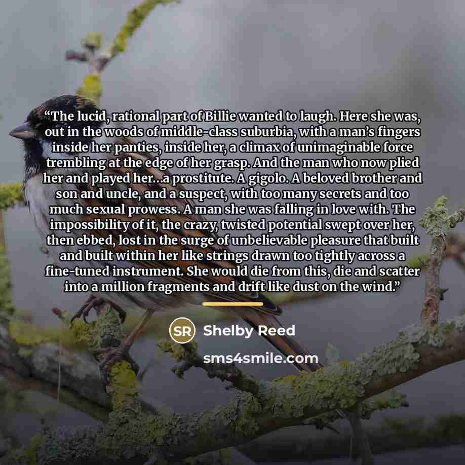 “The lucid, rational part of Billie wanted to laugh. Here she was, out in the woods of middle-class suburbia, with a man’s fingers inside her panties, inside her, a climax of unimaginable force trembling at the edge of her grasp. And the man who now plied her and played her…a prostitute. A gigolo…” quote by Shelby Reed