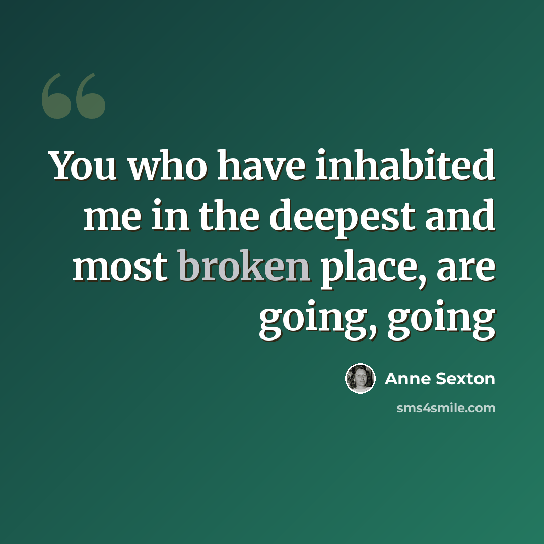 “You who have inhabited me in the deepest and most broken place, are going, going” quote by Anne Sexton