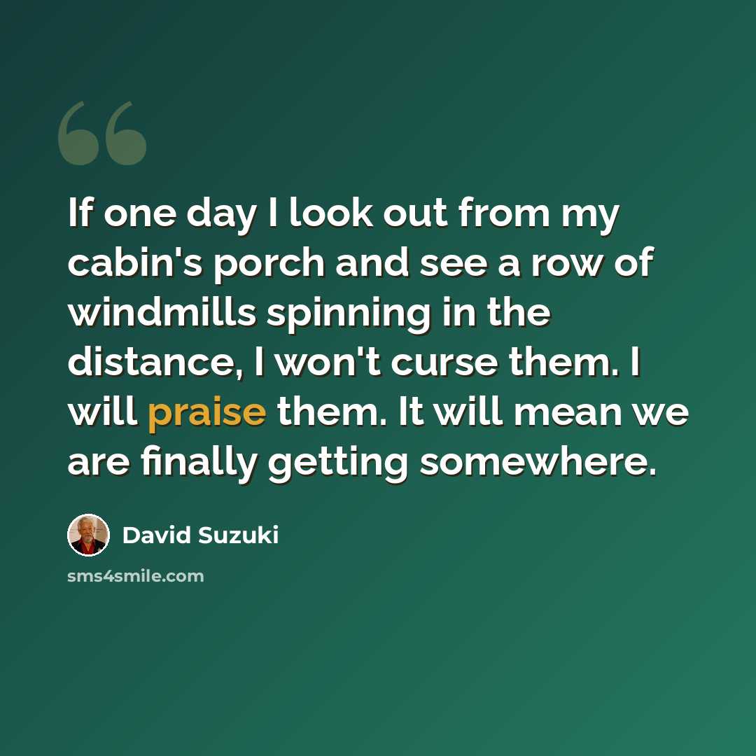 “If one day I look out from my cabin's porch and see a row of windmills spinning in the distance, I won't curse them. I will praise them. It will mean we are finally getting somewhere.” quote by David Suzuki