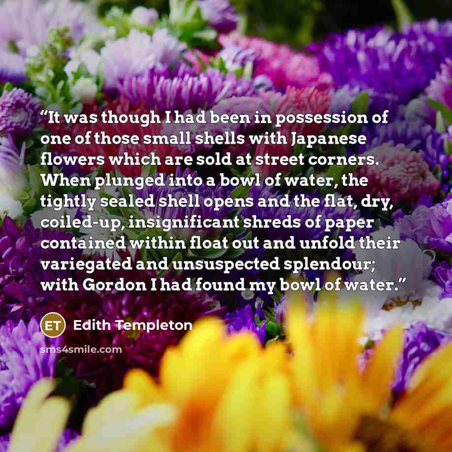 “It was though I had been in possession of one of those small shells with Japanese flowers which are sold at street corners. When plunged into a bowl of water, the tightly sealed shell opens and the flat, dry, coiled-up, insignificant shreds of paper contained within float out and unfold their…” quote by Edith Templeton