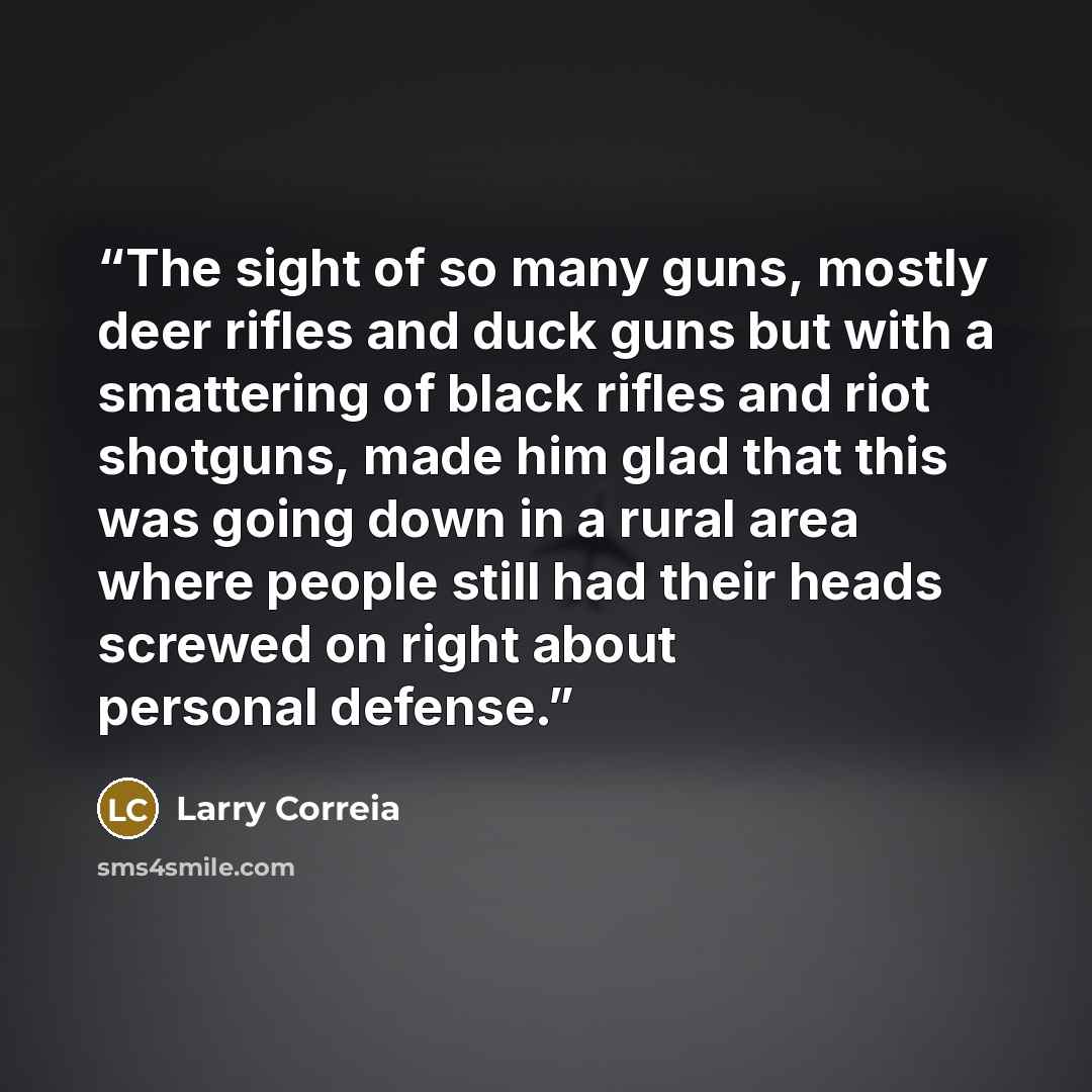 “The sight of so many guns, mostly deer rifles and duck guns but with a smattering of black rifles and riot shotguns, made him glad that this was going down in a rural area where people still had their heads screwed on right about personal defense.” quote by Larry Correia