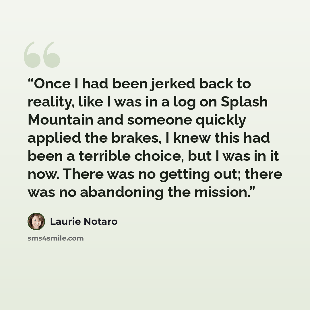 “Once I had been jerked back to reality, like I was in a log on Splash Mountain and someone quickly applied the brakes, I knew this had been a terrible choice, but I was in it now. There was no getting out; there was no abandoning the mission.” quote by Laurie Notaro