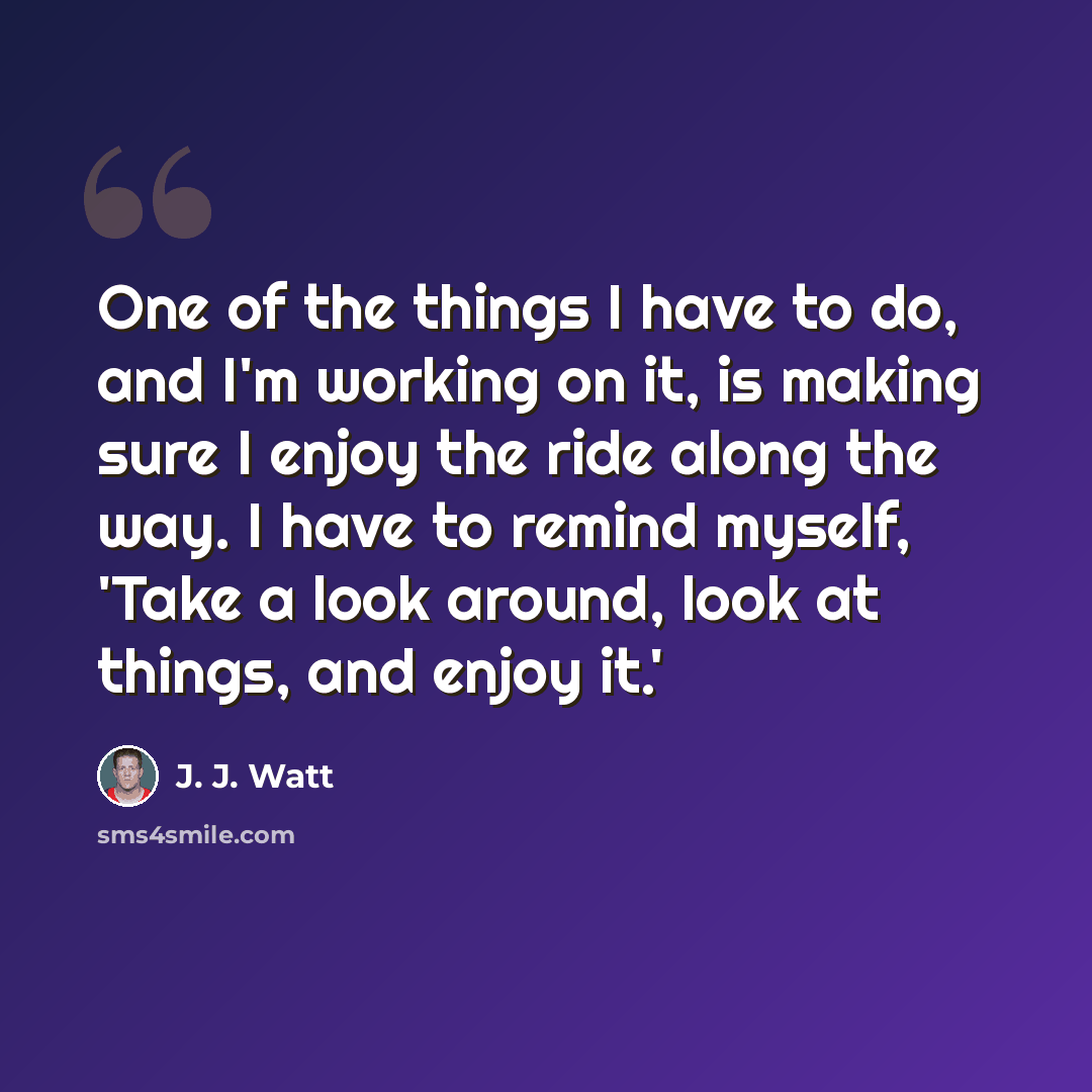 “One of the things I have to do, and I'm working on it, is making sure I enjoy the ride along the way. I have to remind myself, 'Take a look around, look at things, and enjoy it.'” quote by J. J. Watt