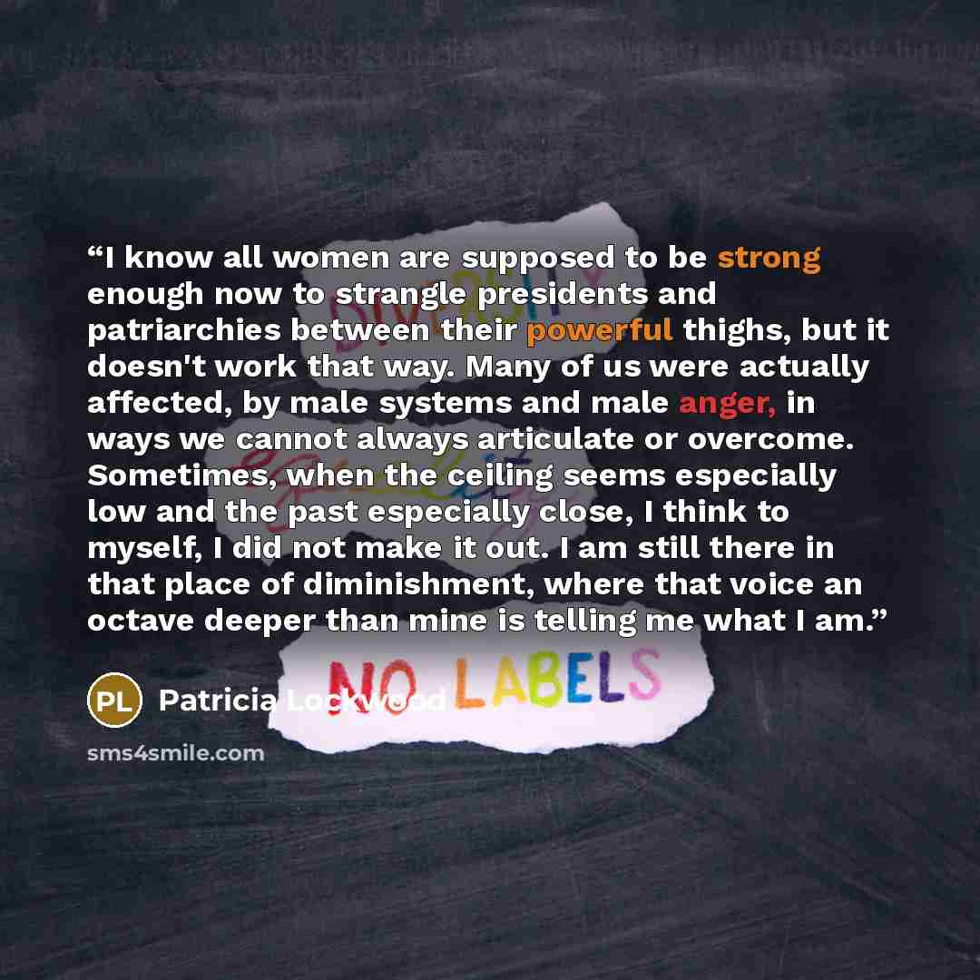 “I know all women are supposed to be strong enough now to strangle presidents and patriarchies between their powerful thighs, but it doesn't work that way. Many of us were actually affected, by male systems and male anger, in ways we cannot always articulate or overcome. Sometimes, when the ceiling…” quote by Patricia Lockwood