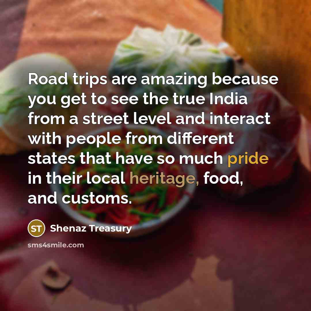 “Road trips are amazing because you get to see the true India from a street level and interact with people from different states that have so much pride in their local heritage, food, and customs.” quote by Shenaz Treasury