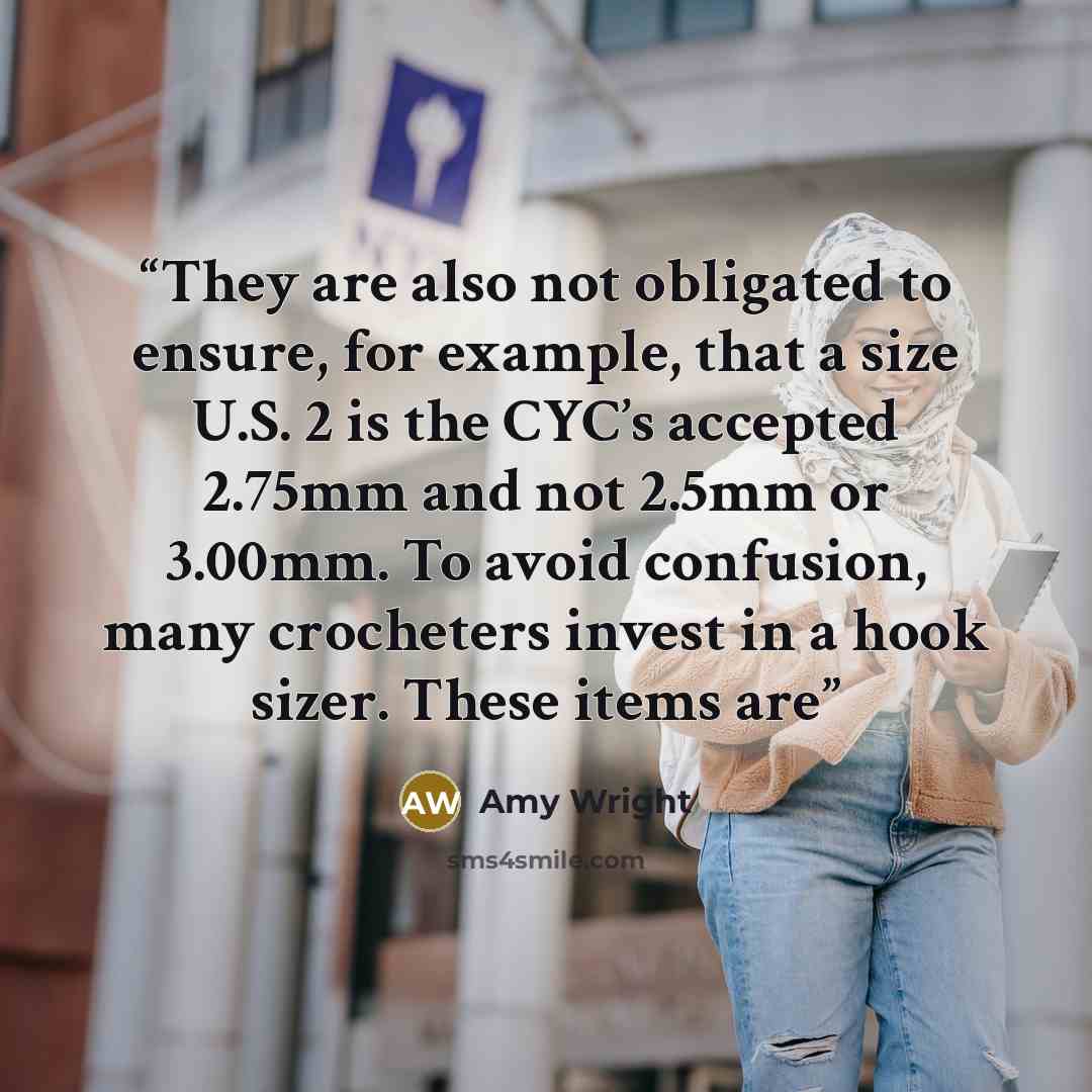 “They are also not obligated to ensure, for example, that a size U.S. 2 is the CYC’s accepted 2.75mm and not 2.5mm or 3.00mm. To avoid confusion, many crocheters invest in a hook sizer. These items are” quote by Amy Wright