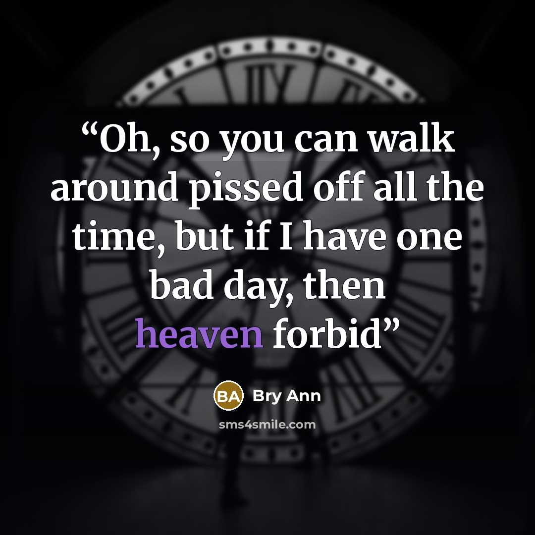 “Oh, so you can walk around pissed off all the time, but if I have one bad day, then heaven forbid” quote by Bry Ann