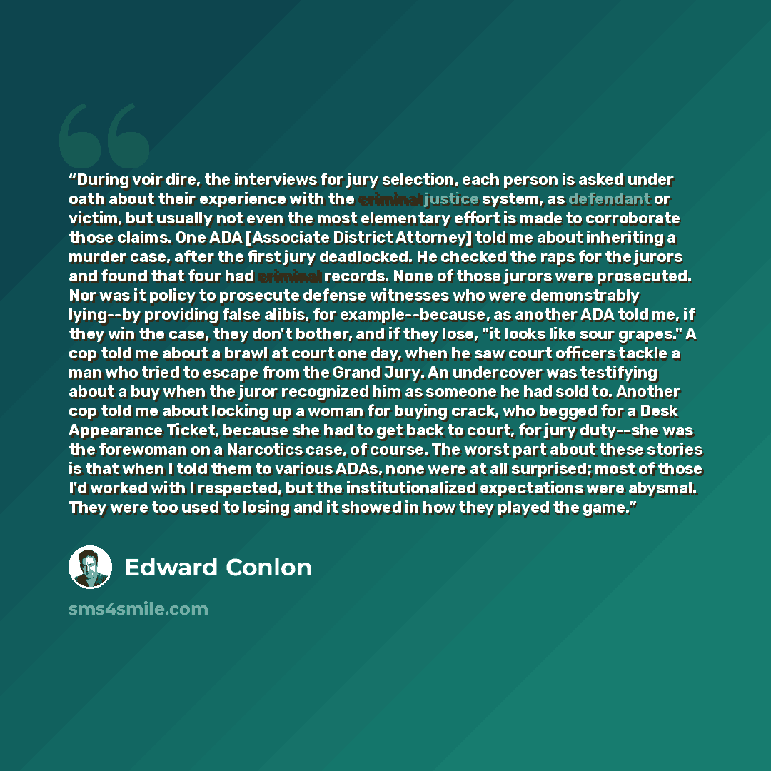“During voir dire, the interviews for jury selection, each person is asked under oath about their experience with the criminal justice system, as defendant or victim, but usually not even the most elementary effort is made to corroborate those claims. One ADA [Associate District Attorney] told me…” quote by Edward Conlon