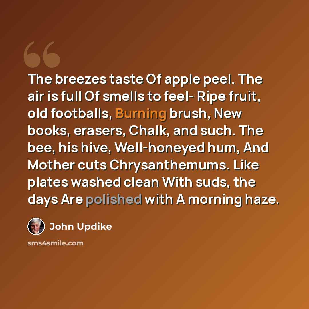 “The breezes taste Of apple peel. The air is full Of smells to feel- Ripe fruit, old footballs, Burning brush, New books, erasers, Chalk, and such. The bee, his hive, Well-honeyed hum, And Mother cuts Chrysanthemums. Like plates washed clean With suds, the days Are polished with A morning haze.” quote by John Updike
