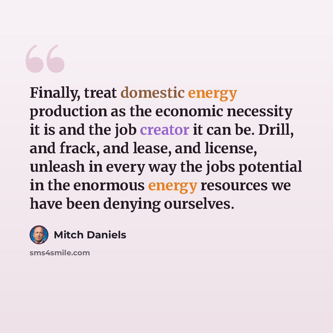 “Finally, treat domestic energy production as the economic necessity it is and the job creator it can be. Drill, and frack, and lease, and license, unleash in every way the jobs potential in the enormous energy resources we have been denying ourselves.” quote by Mitch Daniels
