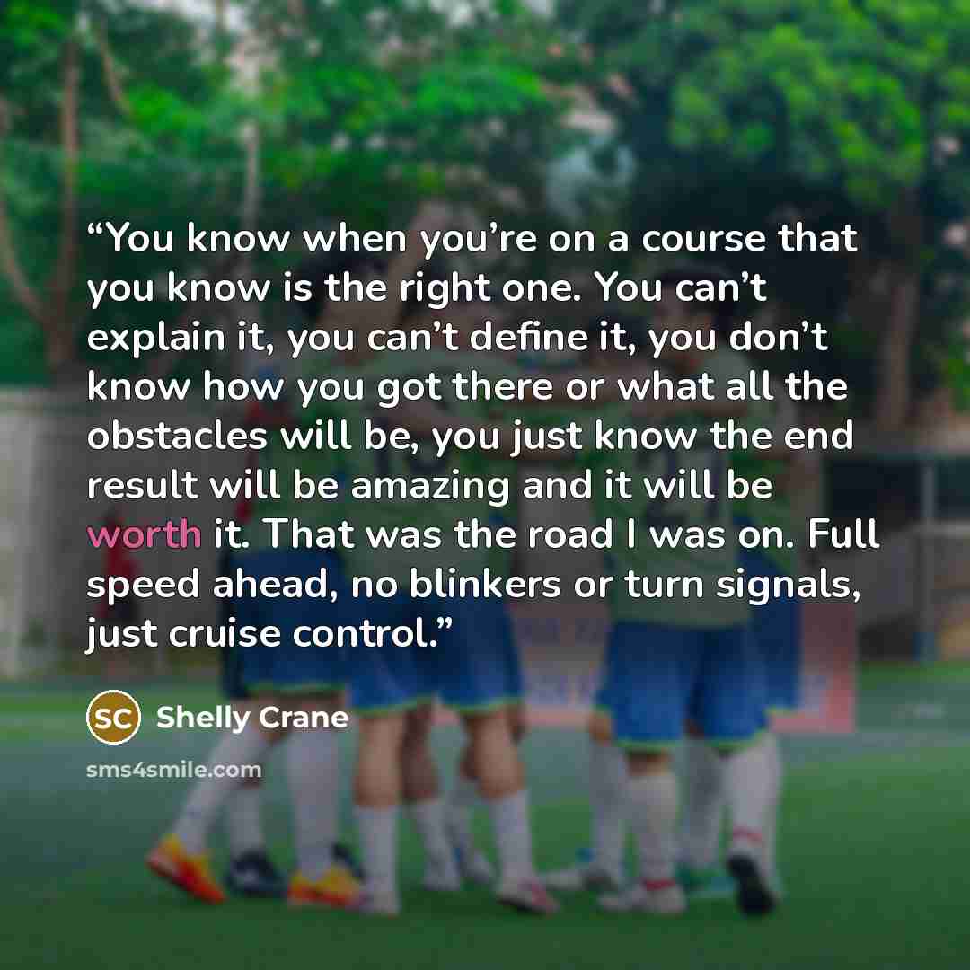 “You know when you’re on a course that you know is the right one. You can’t explain it, you can’t define it, you don’t know how you got there or what all the obstacles will be, you just know the end result will be amazing and it will be worth it. That was the road I was on. Full speed ahead, no…” quote by Shelly Crane