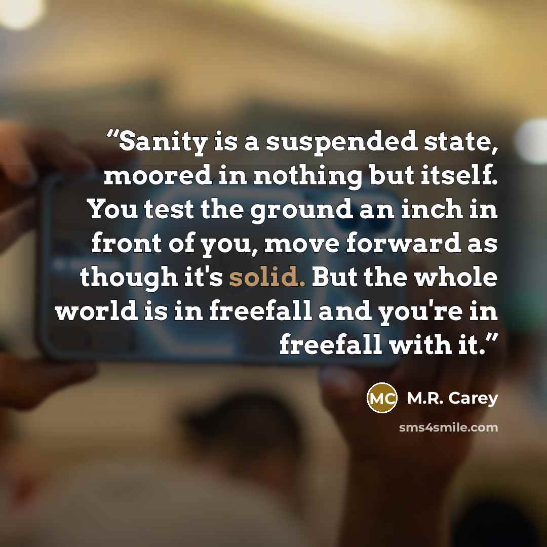 “Sanity is a suspended state, moored in nothing but itself. You test the ground an inch in front of you, move forward as though it's solid. But the whole world is in freefall and you're in freefall with it.” quote by M.R. Carey