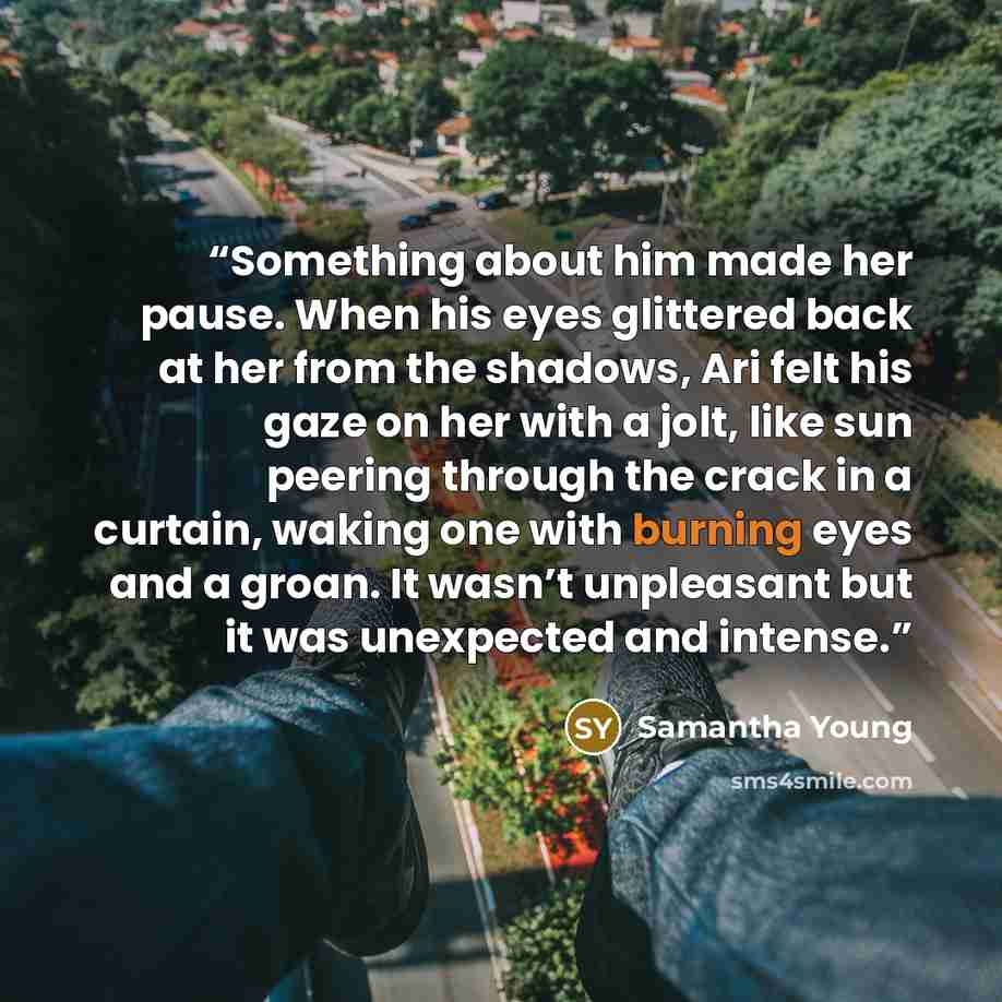 “Something about him made her pause. When his eyes glittered back at her from the shadows, Ari felt his gaze on her with a jolt, like sun peering through the crack in a curtain, waking one with burning eyes and a groan. It wasn’t unpleasant but it was unexpected and intense.” quote by Samantha Young