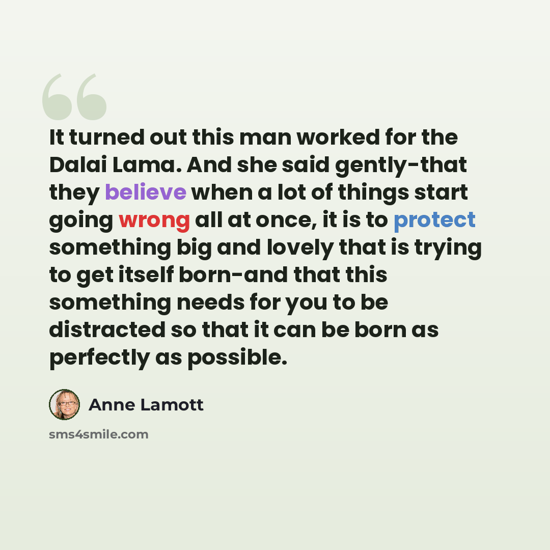 “It turned out this man worked for the Dalai Lama. And she said gently-that they believe when a lot of things start going wrong all at once, it is to protect something big and lovely that is trying to get itself born-and that this something needs for you to be distracted so that it can be born as…” quote by Anne Lamott