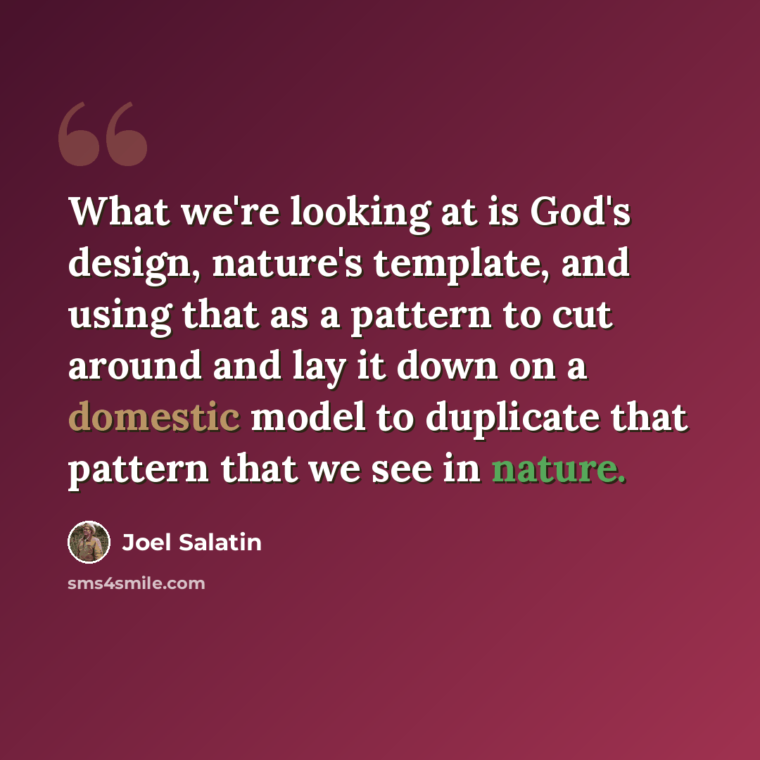 “What we're looking at is God's design, nature's template, and using that as a pattern to cut around and lay it down on a domestic model to duplicate that pattern that we see in nature.” quote by Joel Salatin