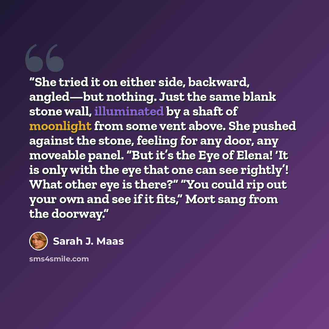 “She tried it on either side, backward, angled—but nothing. Just the same blank stone wall, illuminated by a shaft of moonlight from some vent above. She pushed against the stone, feeling for any door, any moveable panel. “But it’s the Eye of Elena! ‘It is only with the eye that one can see…” quote by Sarah J. Maas