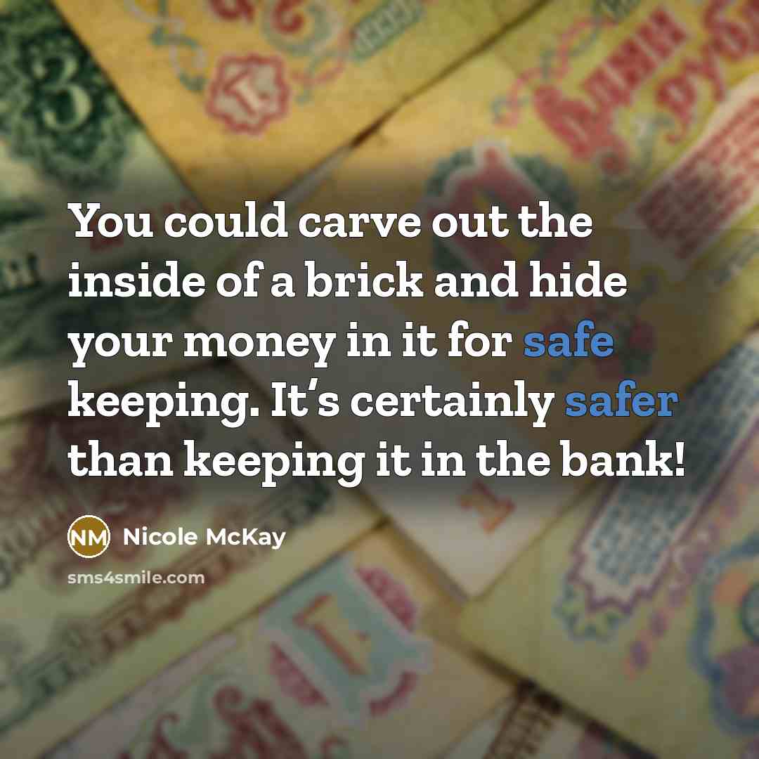 “You could carve out the inside of a brick and hide your money in it for safe keeping. It’s certainly safer than keeping it in the bank!” quote by Nicole McKay