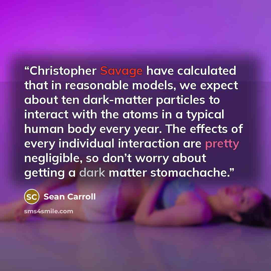 “Christopher Savage have calculated that in reasonable models, we expect about ten dark-matter particles to interact with the atoms in a typical human body every year. The effects of every individual interaction are pretty negligible, so don’t worry about getting a dark matter stomachache.” quote by Sean Carroll