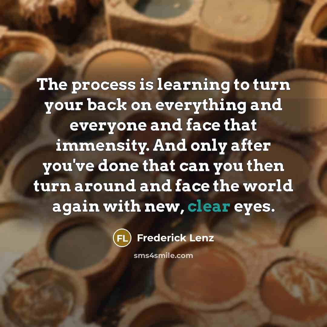 “The process is learning to turn your back on everything and everyone and face that immensity. And only after you've done that can you then turn around and face the world again with new, clear eyes.” quote by Frederick Lenz