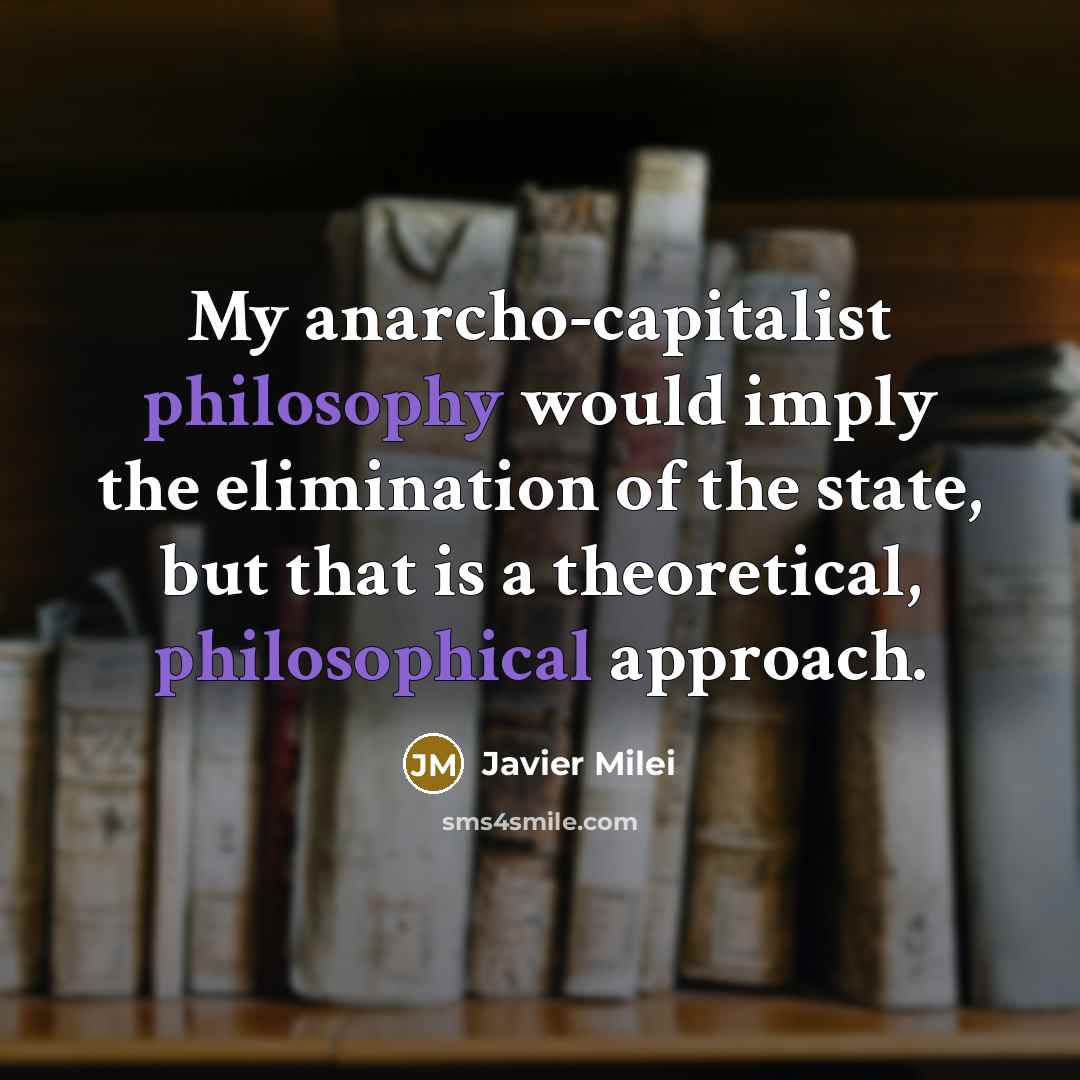 “My anarcho-capitalist philosophy would imply the elimination of the state, but that is a theoretical, philosophical approach.” quote by Javier Milei