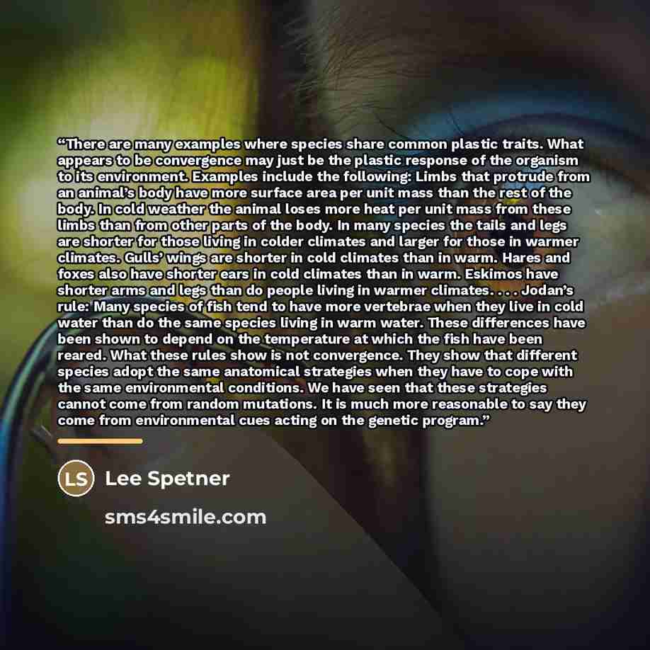 “There are many examples where species share common plastic traits. What appears to be convergence may just be the plastic response of the organism to its environment. Examples include the following: Limbs that protrude from an animal’s body have more surface area per unit mass than the rest of the…” quote by Lee Spetner