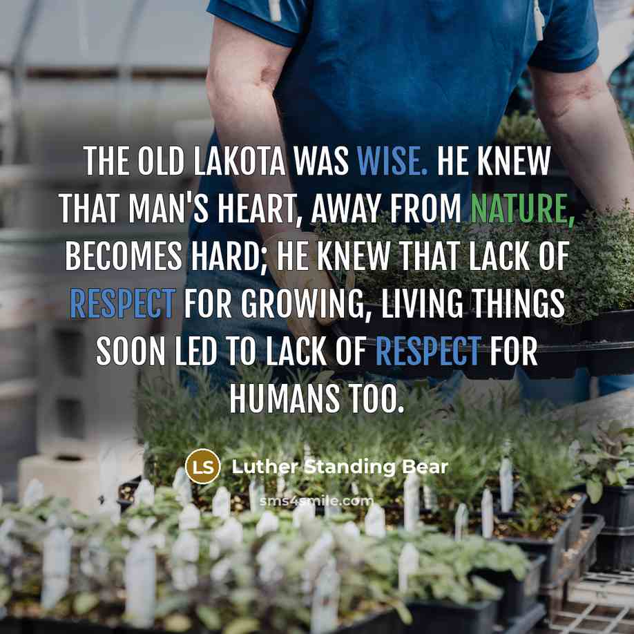 “The old Lakota was wise. He knew that man's heart, away from nature, becomes hard; he knew that lack of respect for growing, living things soon led to lack of respect for humans too.” quote by Luther Standing Bear